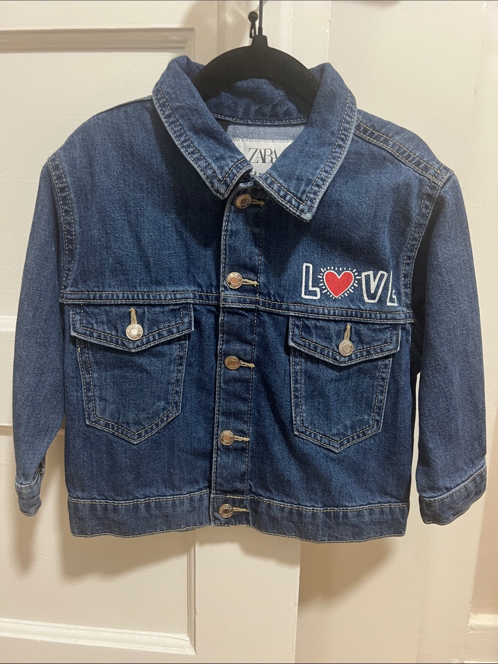 Zara Kids Blue Denim Jacket with Red Heart LOVE Patch